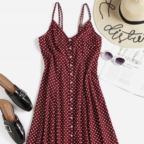 Zaful Dresses & Skirts - Zaful Maroon Polka Dot Midi Dress